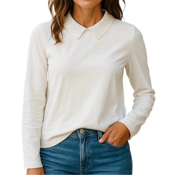 RSVP By Talbots Lightweight Sweater Pearl-Embellished collar Cream Women’s S NEW - Picture 13 of 13